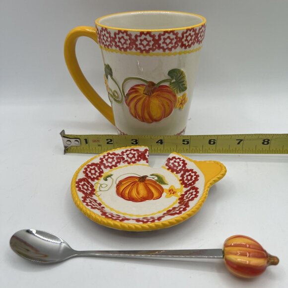 Temptations Hand Crafted & Painted 3D Pumpkin Harvest Mug Spoon & Lid 16 oz 3pcs - Picture 10 of 13